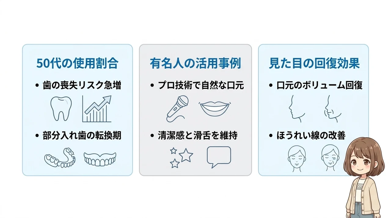 50代で総入れ歯の有名人と入れ歯の割合の要点をまとめた図解(50代の使用割合・有名人の活用事例・見た目の回復効果)