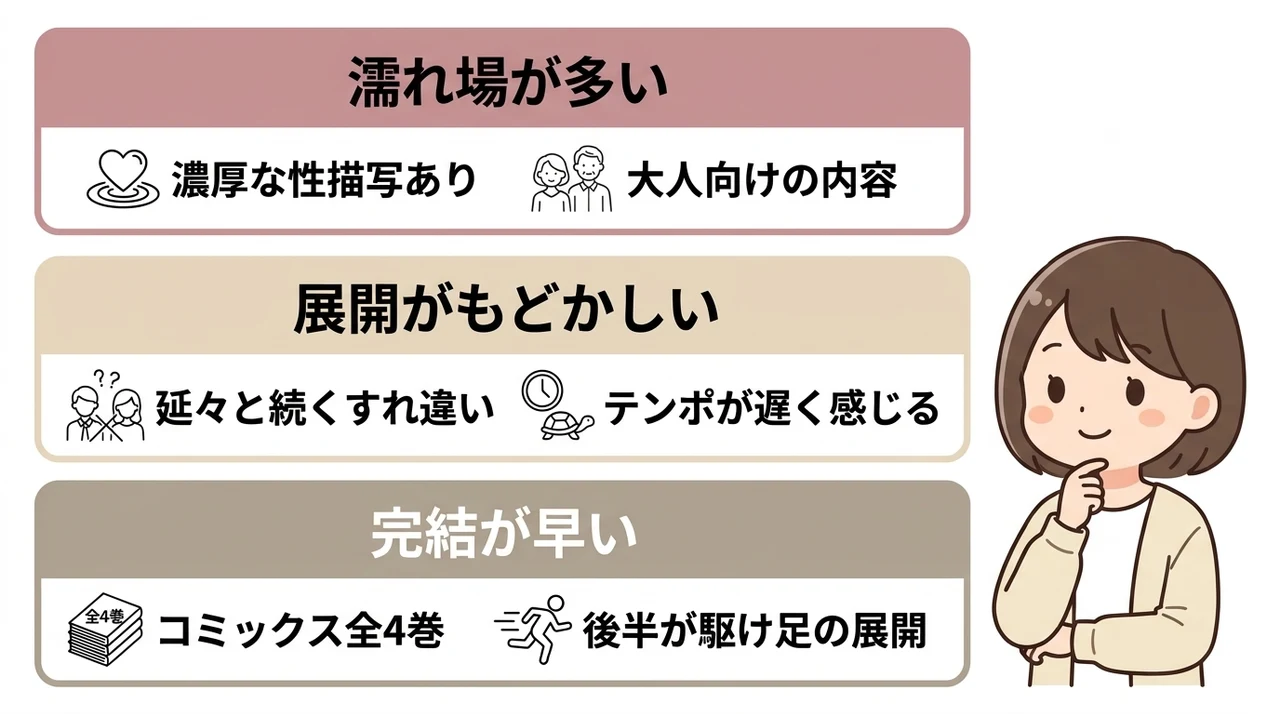 どうせ捨てられるのならの気になるデメリット3つの要点をまとめた図解（濡れ場が多い・展開がもどかしい・完結が早い）