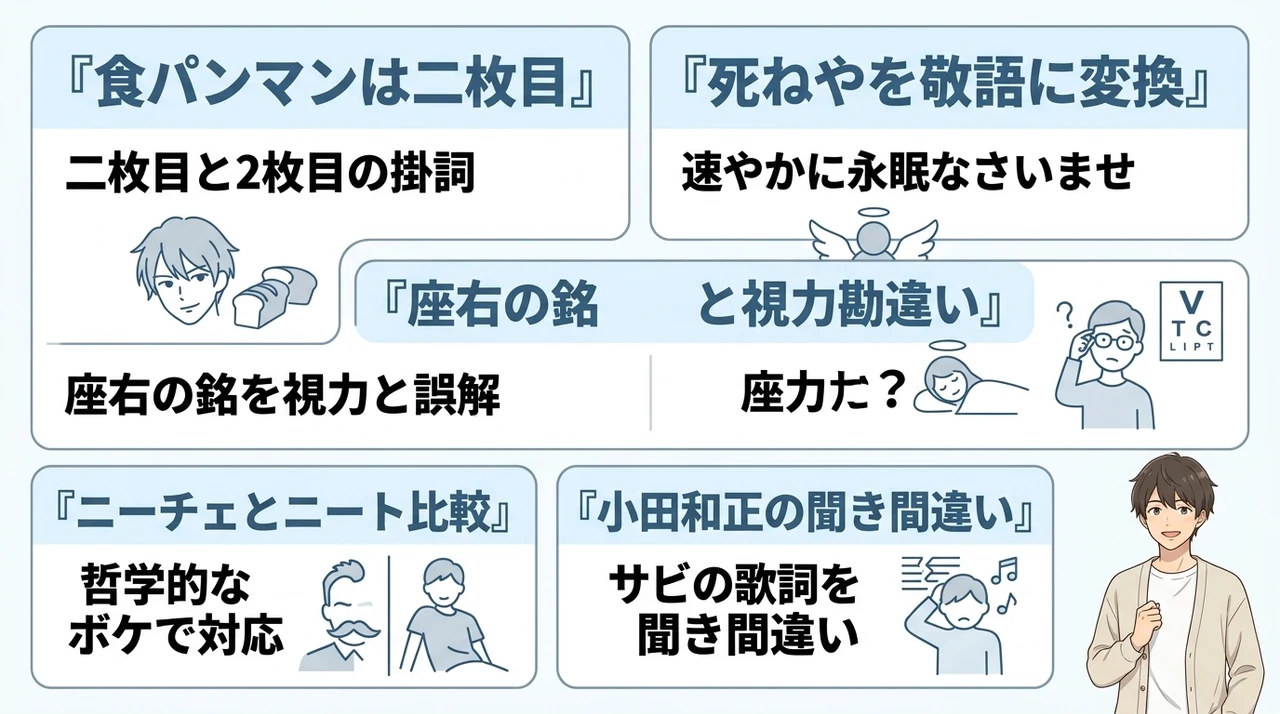 知恵袋の面白い伝説的な神回答5選の要点をまとめた図解（食パンマンは二枚目・死ねやを敬語に変換・座右の銘と視力の勘違い）