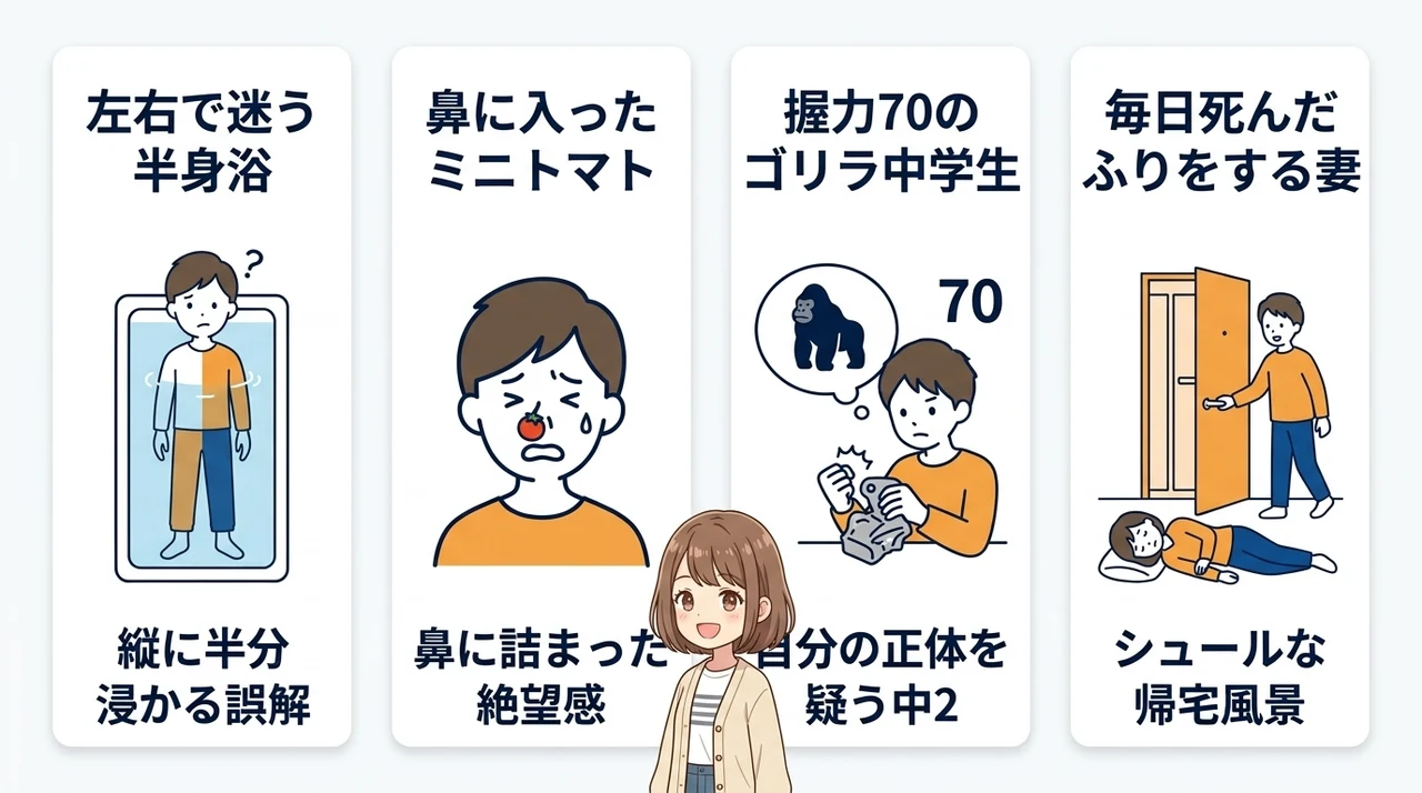 知恵袋の面白い爆笑必至な珍質問4選の要点をまとめた図解（左右で迷う半身浴・鼻に入ったミニトマト・握力70のゴリラ中学生）