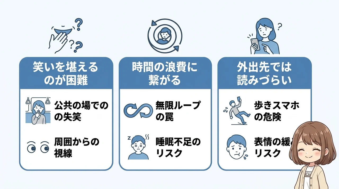 知恵袋の面白い投稿を読むデメリット3つの要点をまとめた図解（笑いを堪えるのが困難・時間の浪費に繋がる・外出先では読みづらい）