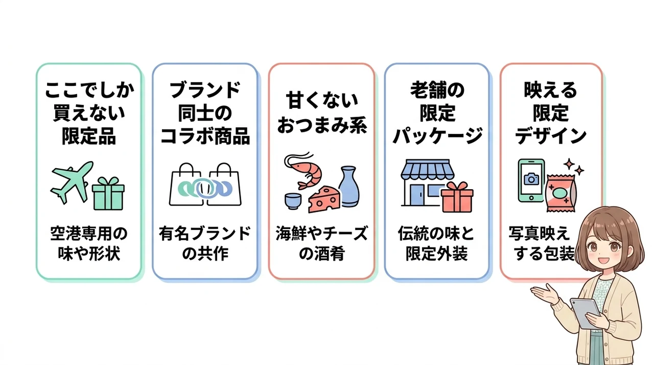 羽田空港限定のスイーツやおつまみの魅力の要点をまとめた図解(ここでしか買えない限定品・ブランド同士のコラボ商品・甘くないおつまみ系)