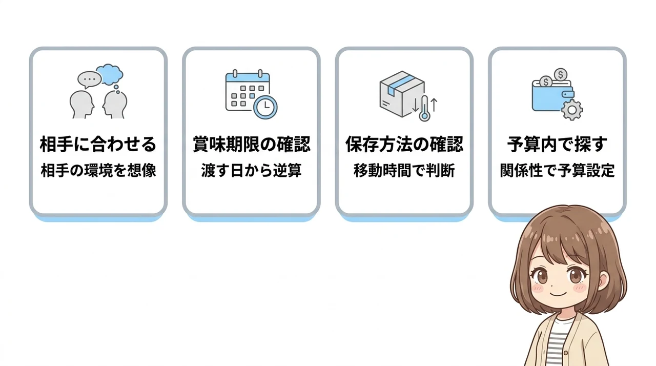 失敗しない羽田空港お土産の選び方の要点をまとめた図解(渡す相手に合わせる・賞味期限を確認する・保存方法を確認する)