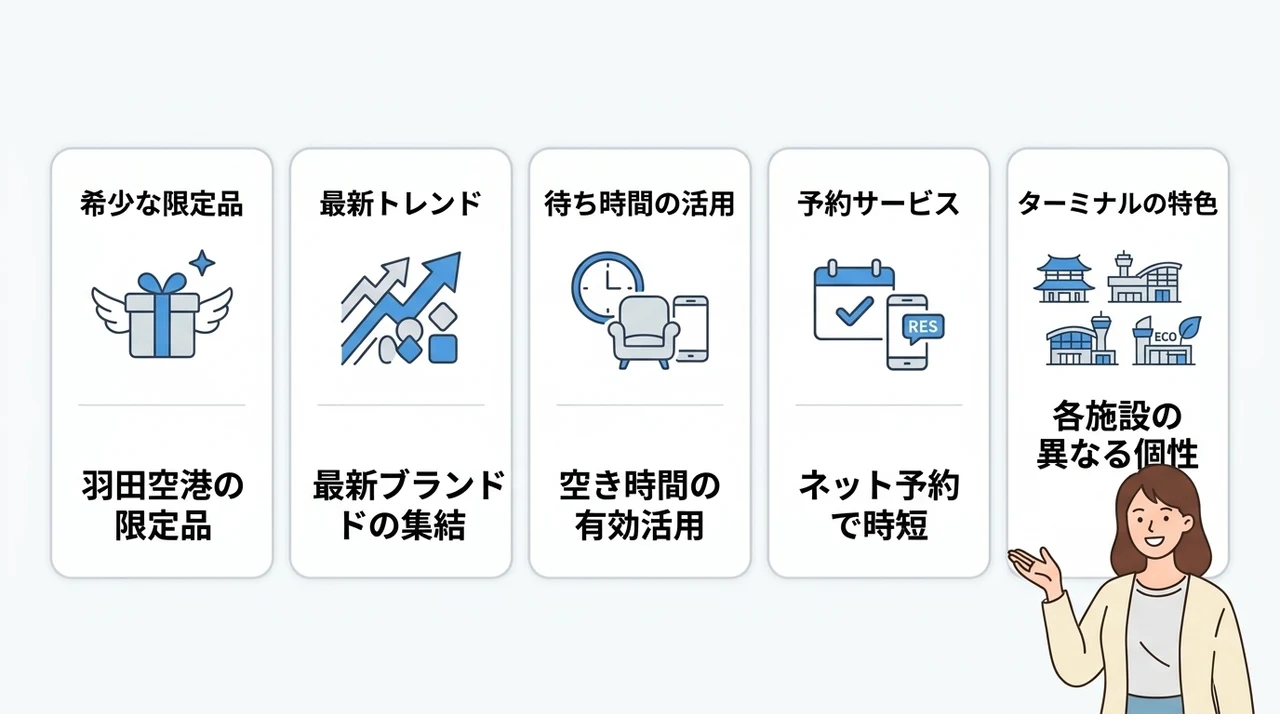 羽田空港でお土産を購入するメリットの要点をまとめた図解(希少な限定品が手に入る・最新トレンドをチェックできる・フライトまでの時間を活用できる)