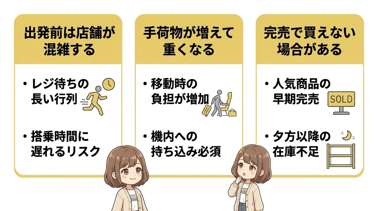 羽田空港でお土産を購入するデメリットの要点をまとめた図解(出発前は店舗が混雑する・手荷物が増えて重くなる・完売で買えない場合がある)
