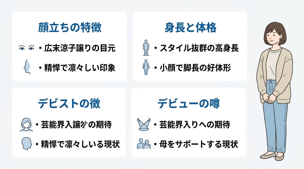イケメンと話題の長男の容姿と将来性の要点をまとめた図解（顔立ちの特徴・身長と体格・デビューの噂）