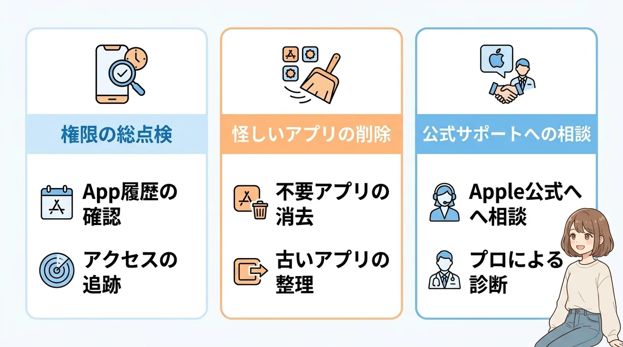 オレンジの点が気になる時のプライバシー対策の要点をまとめた図解(権限の総点検・怪しいアプリの削除・公式サポートへの相談)