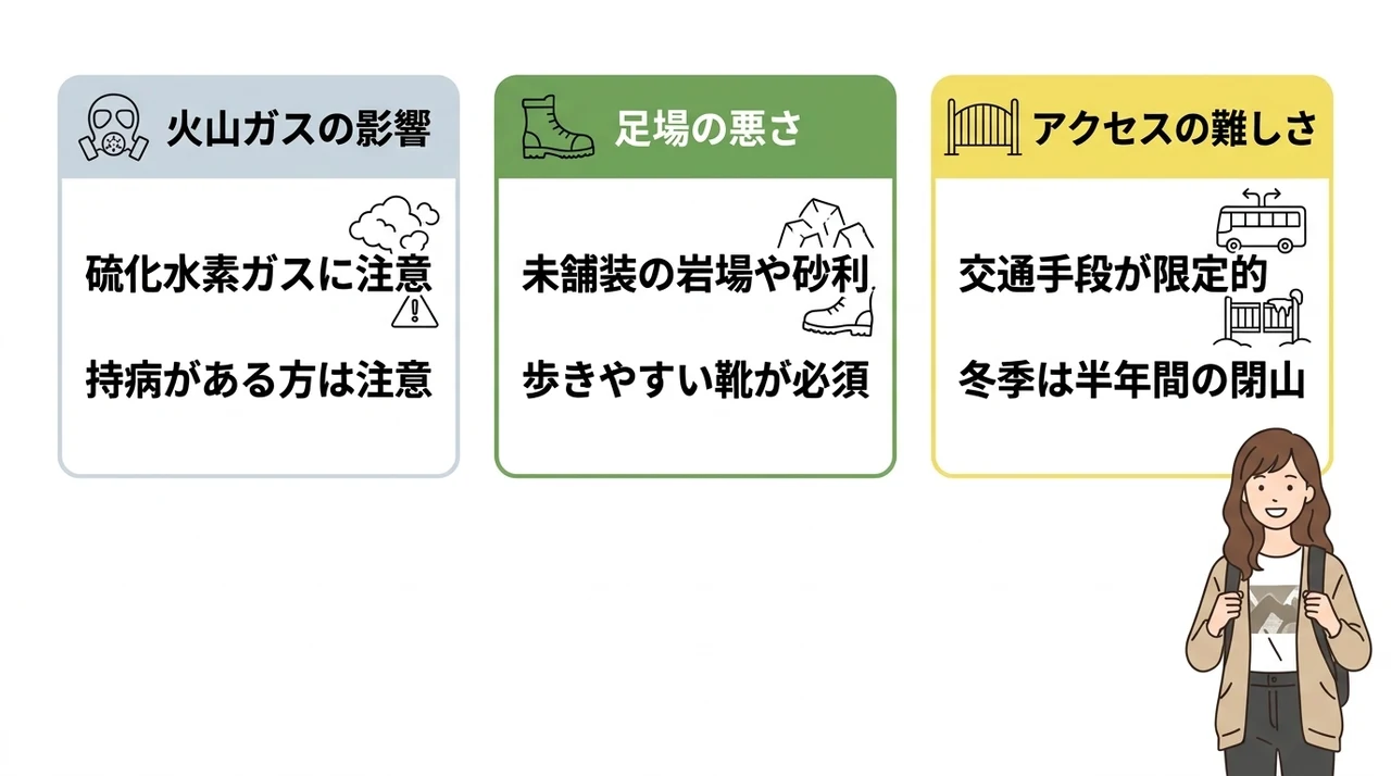 恐山参拝におけるデメリットとリスク3つの要点をまとめた図解（火山ガスの影響・足場の悪さ・アクセスの難しさ）