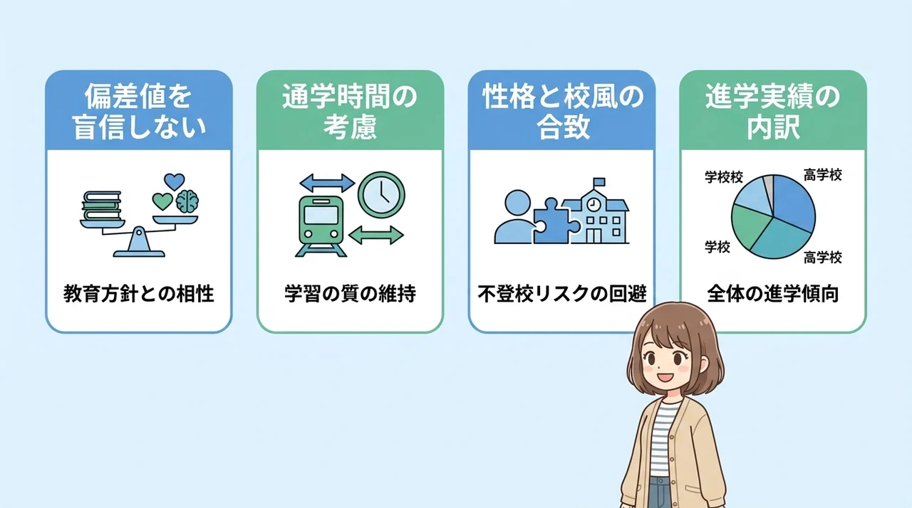 行ってはいけない私立中学を千葉で避ける判断基準の要点をまとめた図解（偏差値を盲信しない・通学時間を考慮する・性格と校風を合わせる）