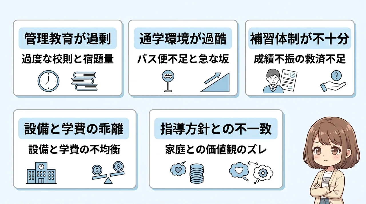 千葉の私立中学選びで後悔しやすい5つの特徴の要点をまとめた図解（管理教育が過剰・通学環境が過酷・補習体制が不十分）