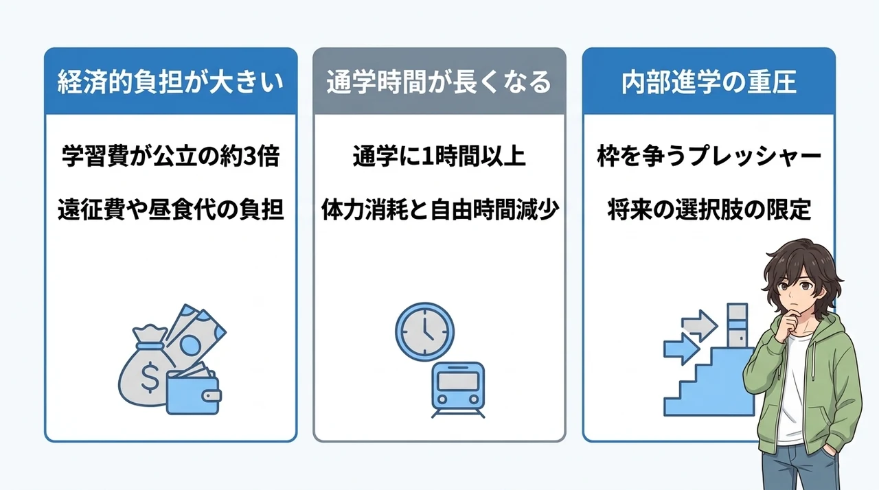 千葉で私立中学へ進学するデメリット3つの要点をまとめた図解（経済的負担が大きい・通学時間が長くなる・内部進学の重圧）