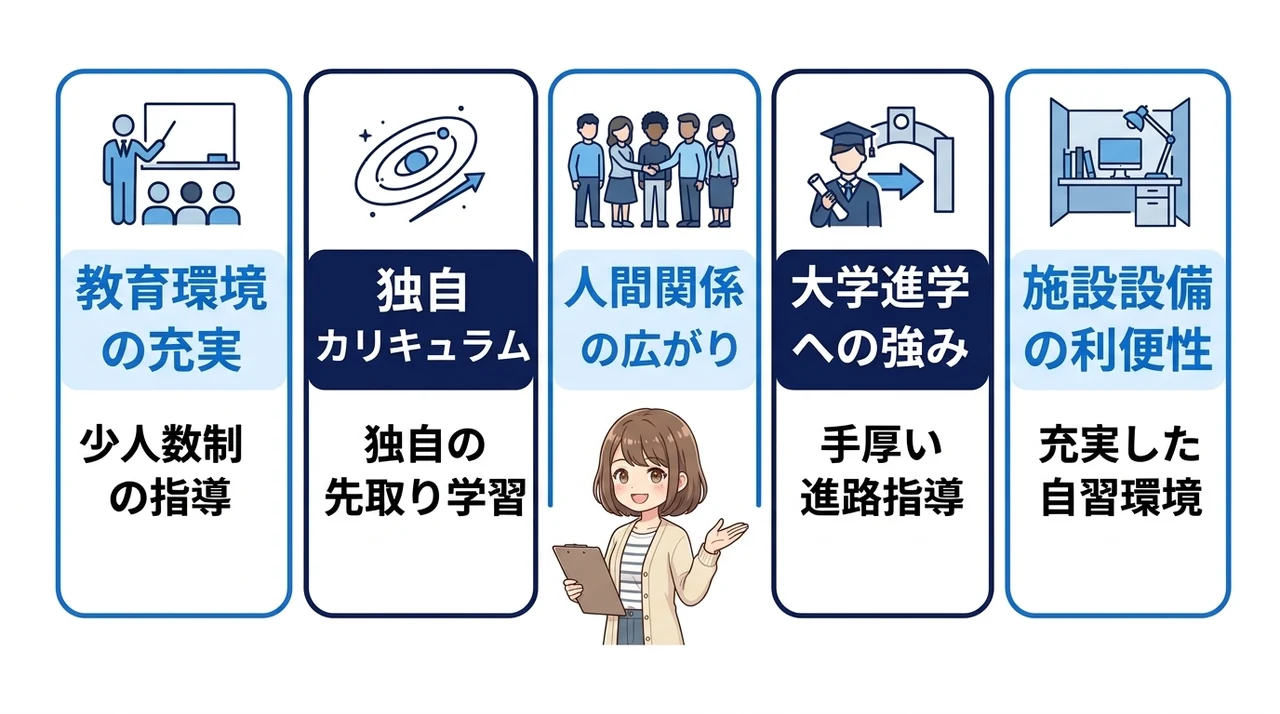 千葉で私立中学へ進学するメリット5つの要点をまとめた図解（教育環境の充実・独自カリキュラム・人間関係の広がり）