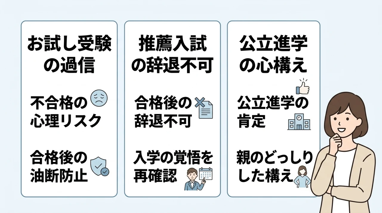 千葉特有の1月入試における併願の注意点の要点をまとめた図解（お試し受験の過信・推薦入試の辞退不可・公立進学の心構え）