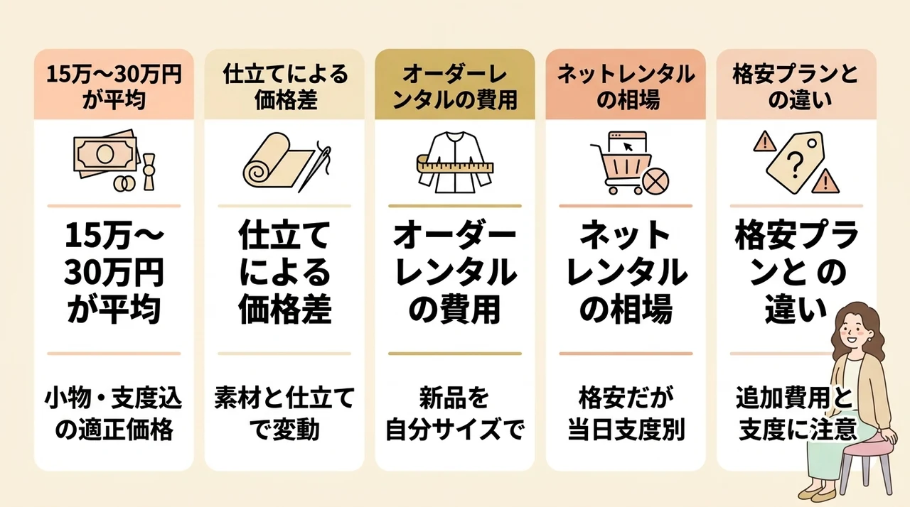 成人式の着物レンタル相場と費用の実態の要点をまとめた図解(15万〜30万円が平均・仕立てによる価格差・オーダーレンタルの費用)