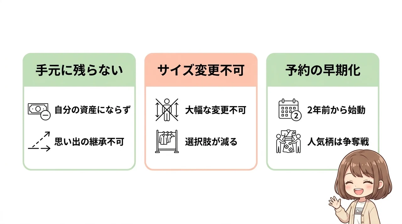 振袖レンタルのデメリット3つの要点をまとめた図解(手元に残らない・サイズ変更不可・予約の早期化)