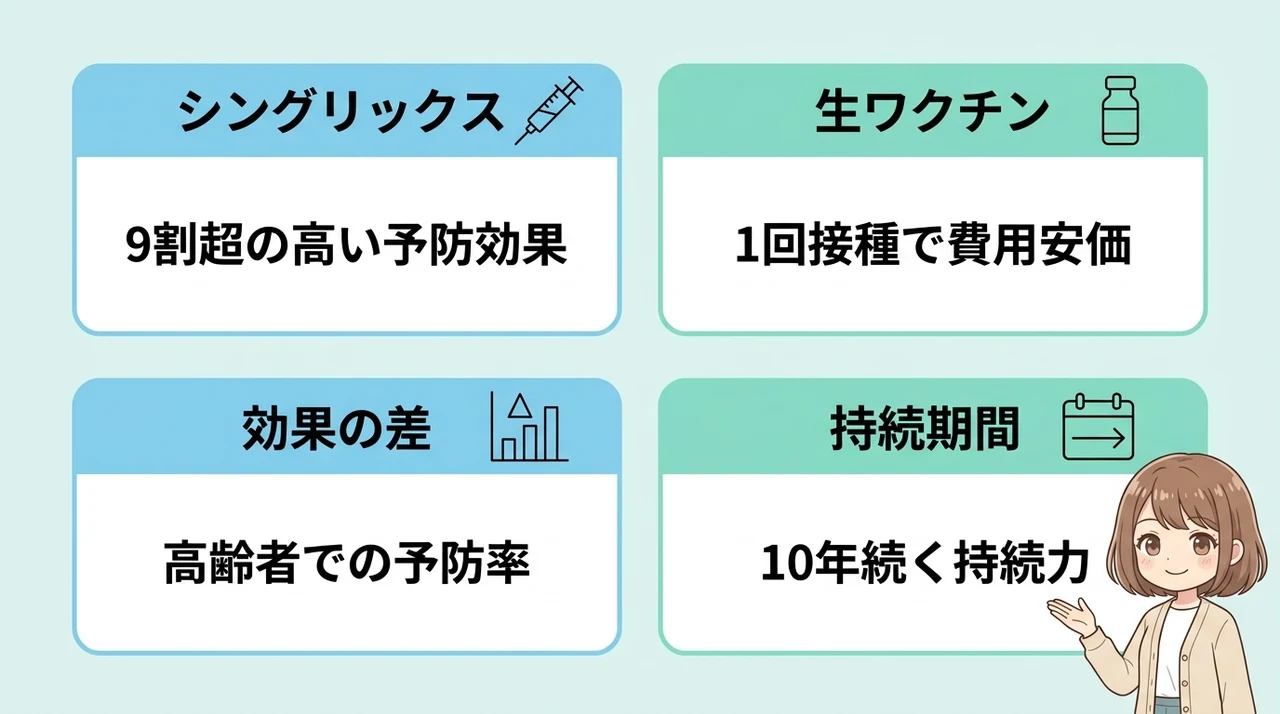 シングリックスと生ワクチンの特徴を比較の要点をまとめた図解（シングリックス・生ワクチン・効果の差）