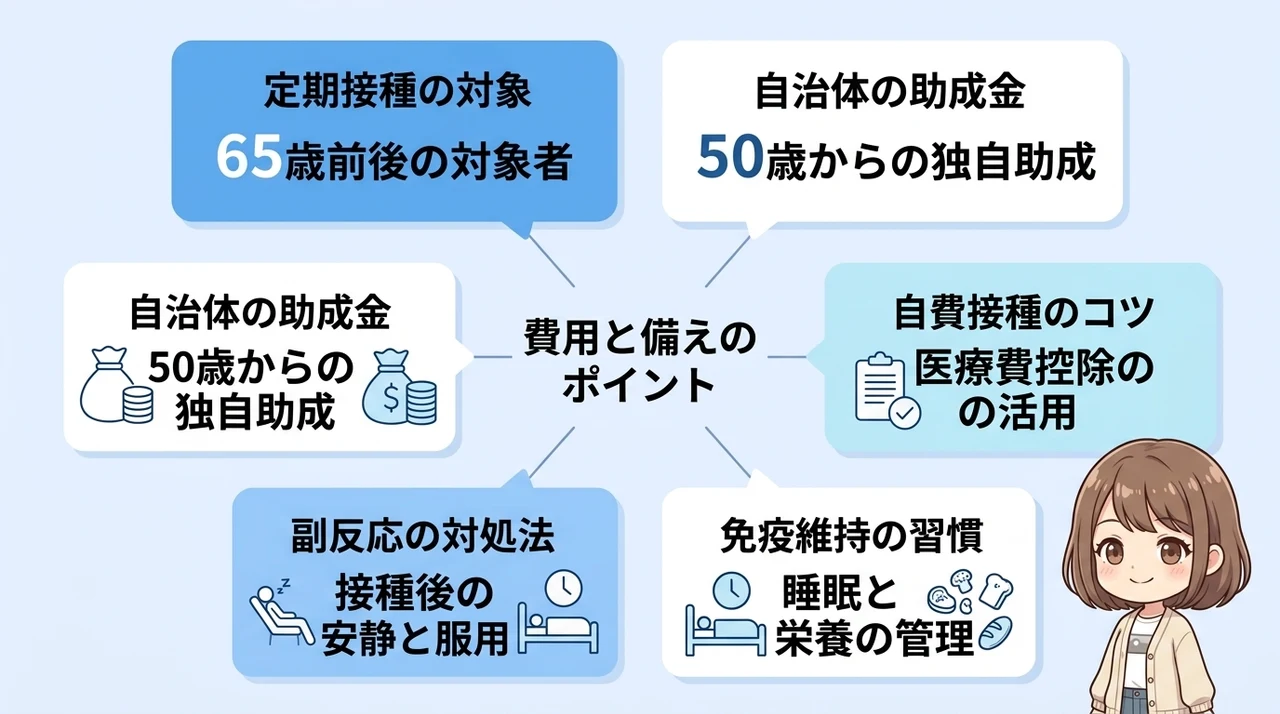定期接種の助成制度と費用を抑えるコツの要点をまとめた図解（定期接種の対象・自治体の助成金・自費接種のコツ）