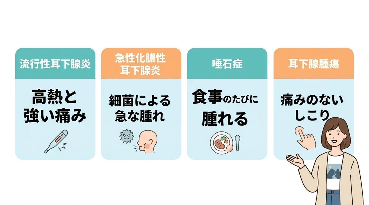 大人が耳の下に急な腫れを感じる主な原因の要点をまとめた図解（流行性耳下腺炎・急性化膿性耳下腺炎・唾石症）