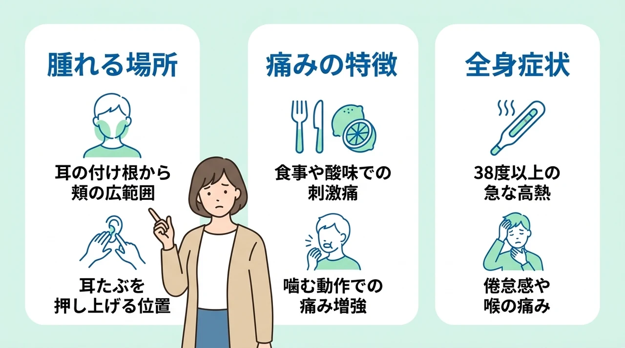 耳下腺炎とリンパ節炎の見分け方の要点をまとめた図解（腫れる場所・痛みの特徴・全身症状）