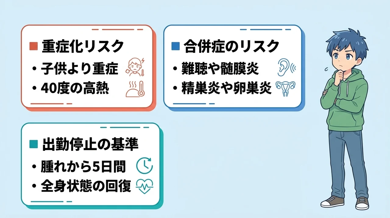 大人がおたふく風邪にかかるリスクの要点をまとめた図解（重症化リスク・合併症のリスク・出勤停止の基準）