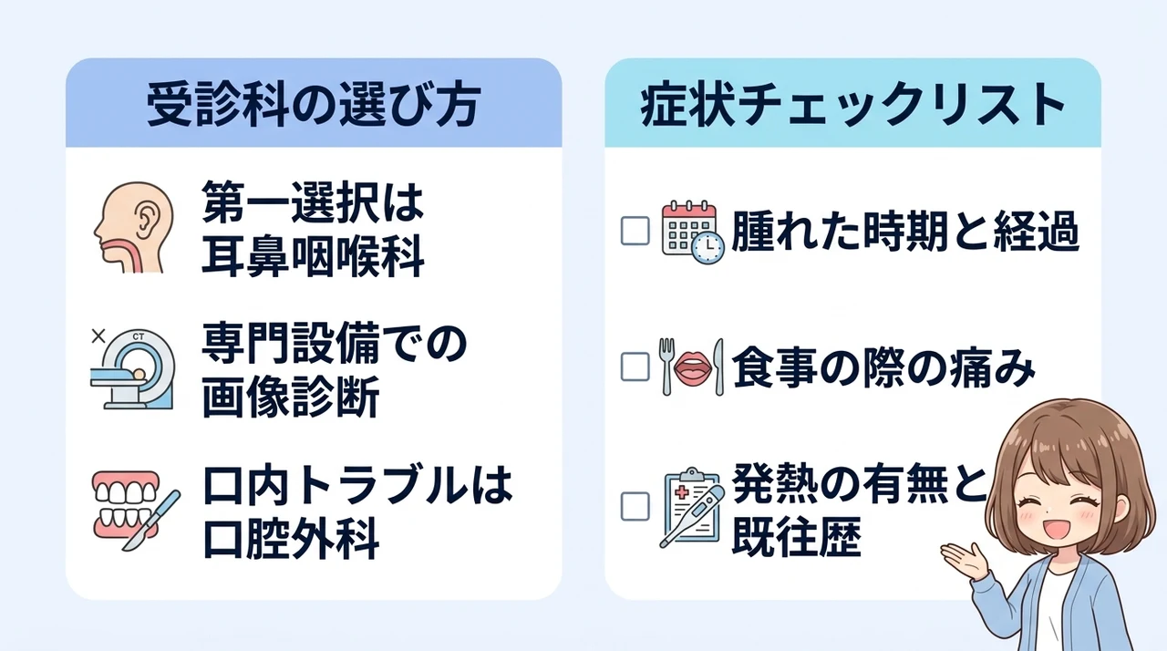 耳の下の腫れで受診する科と注意点の要点をまとめた図解（受診科の選び方・症状チェックリスト）