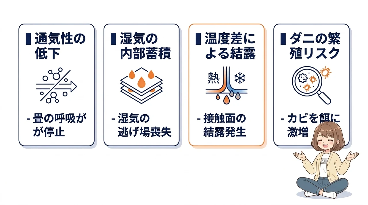 畳にフローリングを敷くだけでカビが発生する理由の要点をまとめた図解(通気性が低下する・湿気が内部に蓄積する・温度差で結露が生じる)