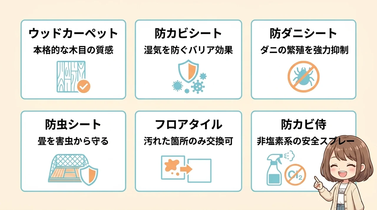 カビ防止に役立つおすすめアイテム6選の要点をまとめた図解(ウッドカーペット・防カビシート・防ダニシート)