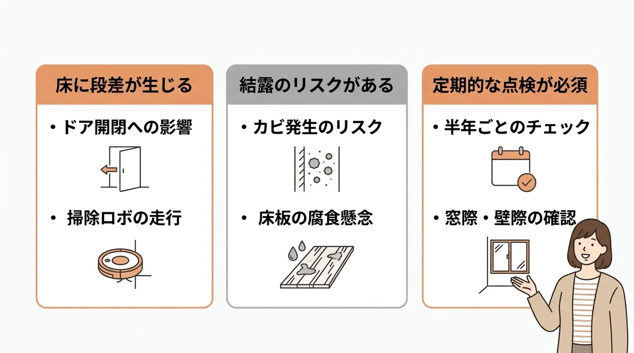 畳の上にフローリングを敷くデメリット3つの要点をまとめた図解(床に段差が生じる・結露のリスクがある・定期的な点検が必須)