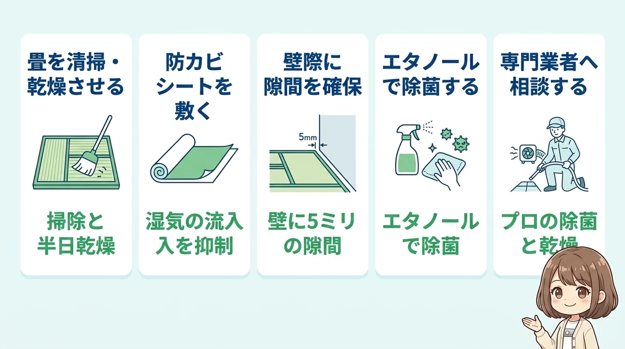 カビを防ぐ敷き方のコツと発生時の対処法の要点をまとめた図解(畳を清掃・乾燥させる・防カビシートを敷く・壁際に隙間を確保する)