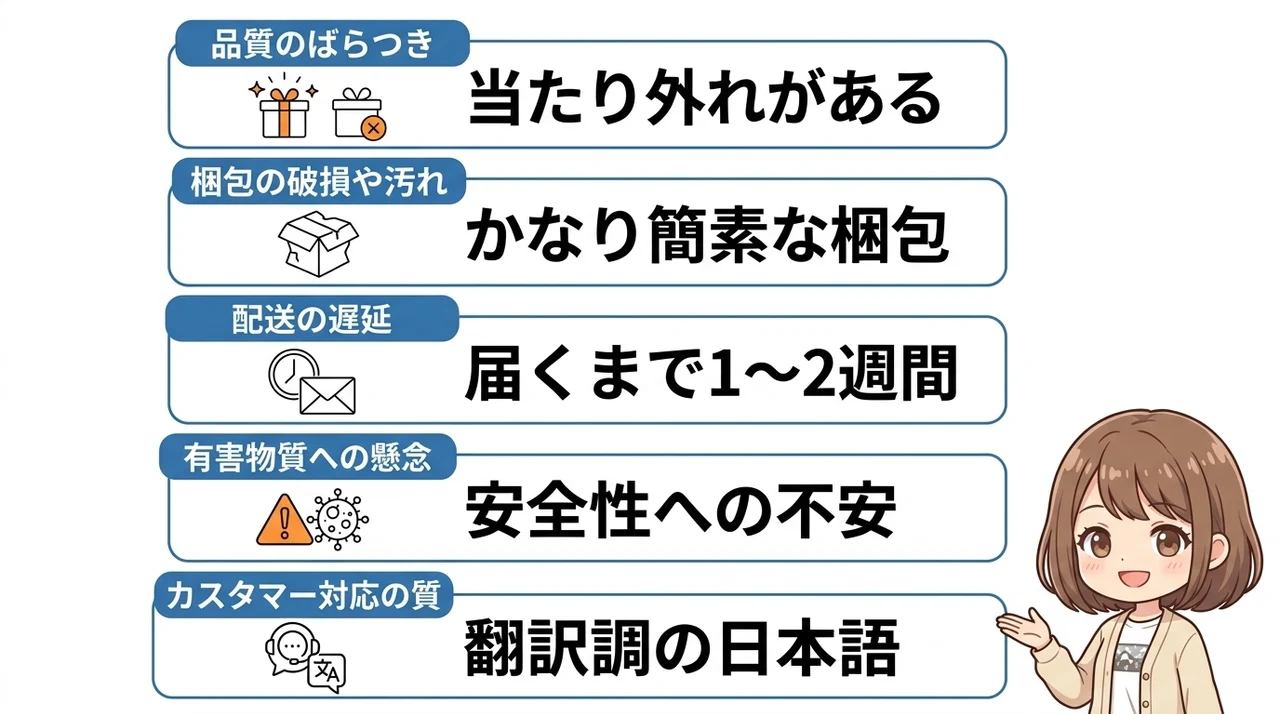 temu利用者が特に不安視するデメリット5つの要点をまとめた図解（品質のばらつき・梱包の破損や汚れ・配送の遅延）