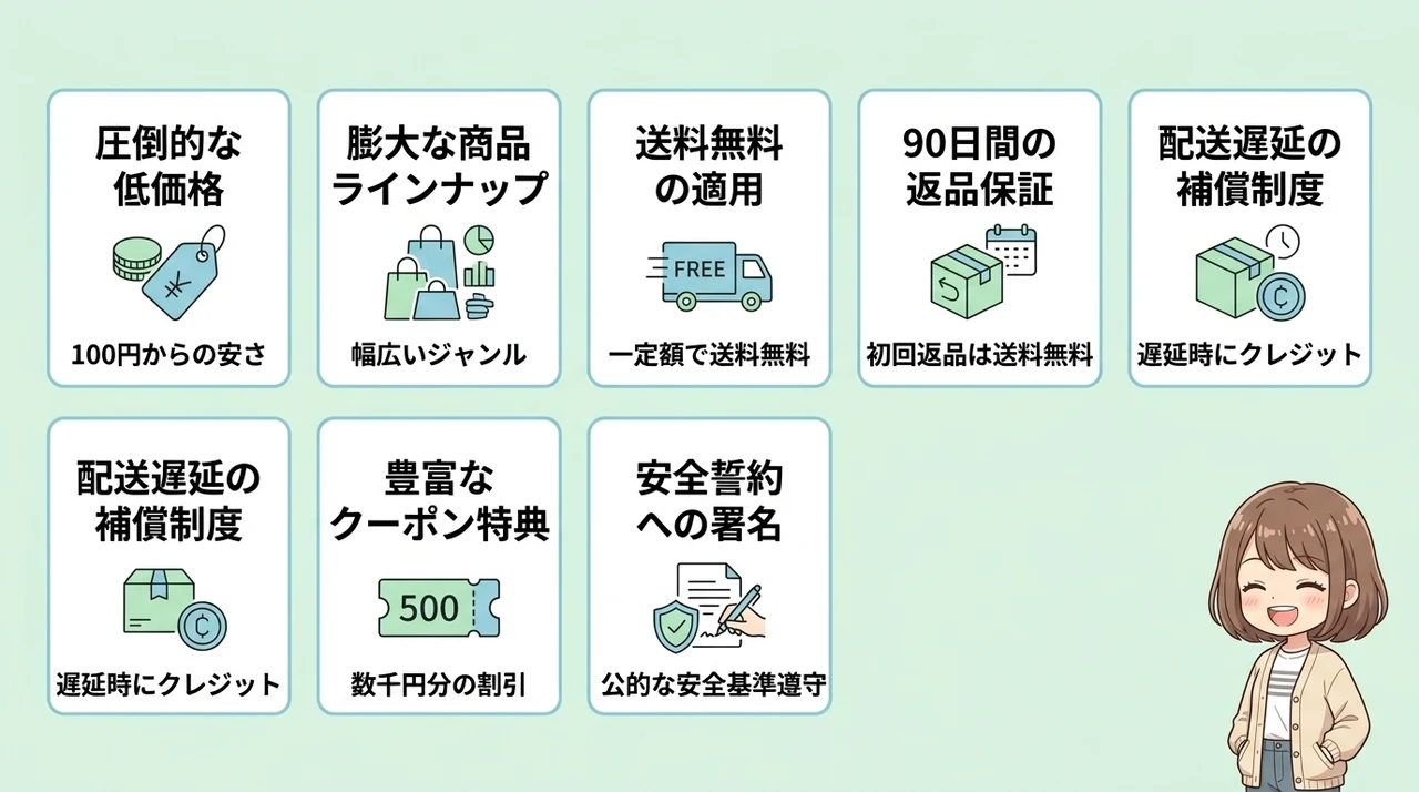 安心してお得に利用できるtemuのメリット7つの要点をまとめた図解（圧倒的な低価格・膨大な商品ラインナップ・送料無料の適用）