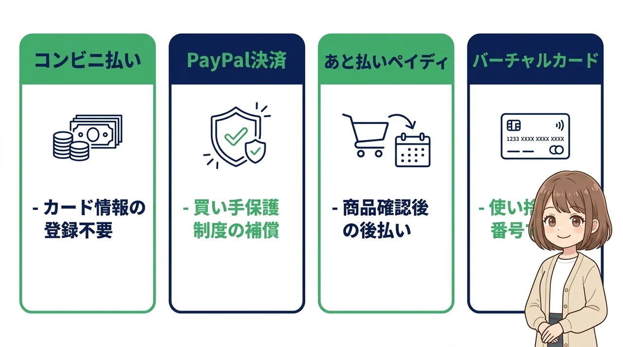 危険性を最小限に抑えるtemuの安全な決済手段の要点をまとめた図解（コンビニ払い・PayPal決済・あと払いペイディ）