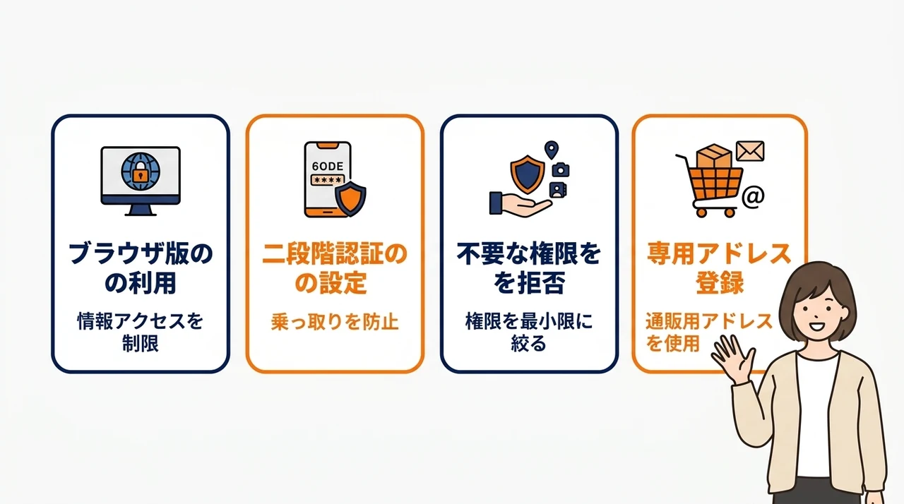 個人情報を守るtemuアプリのセキュリティ対策の要点をまとめた図解（ブラウザ版を利用する・二段階認証を設定する・不要な権限を拒否する）