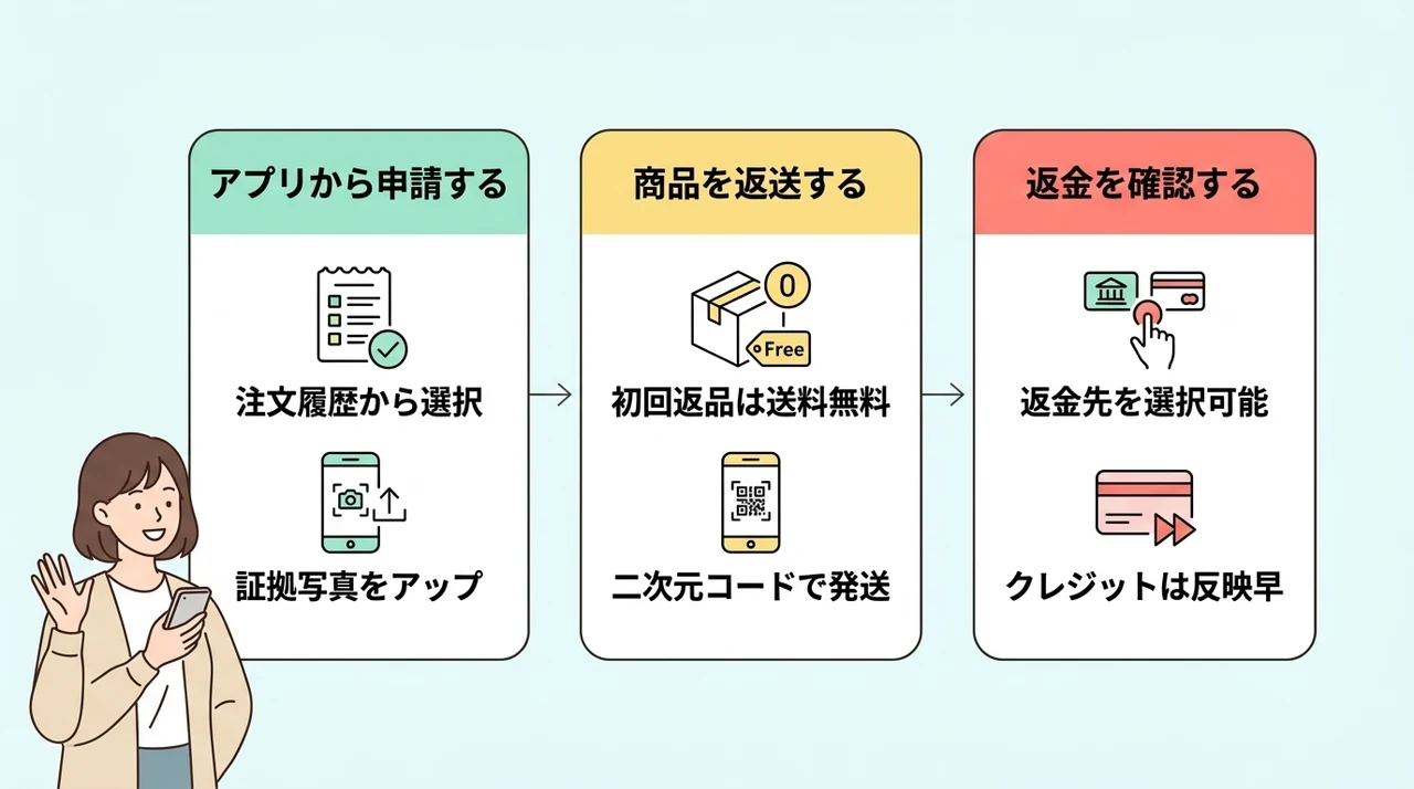 temuでトラブルに遭った際の返品・返金フローの要点をまとめた図解（アプリから申請する・商品を返送する・返金を確認する）
