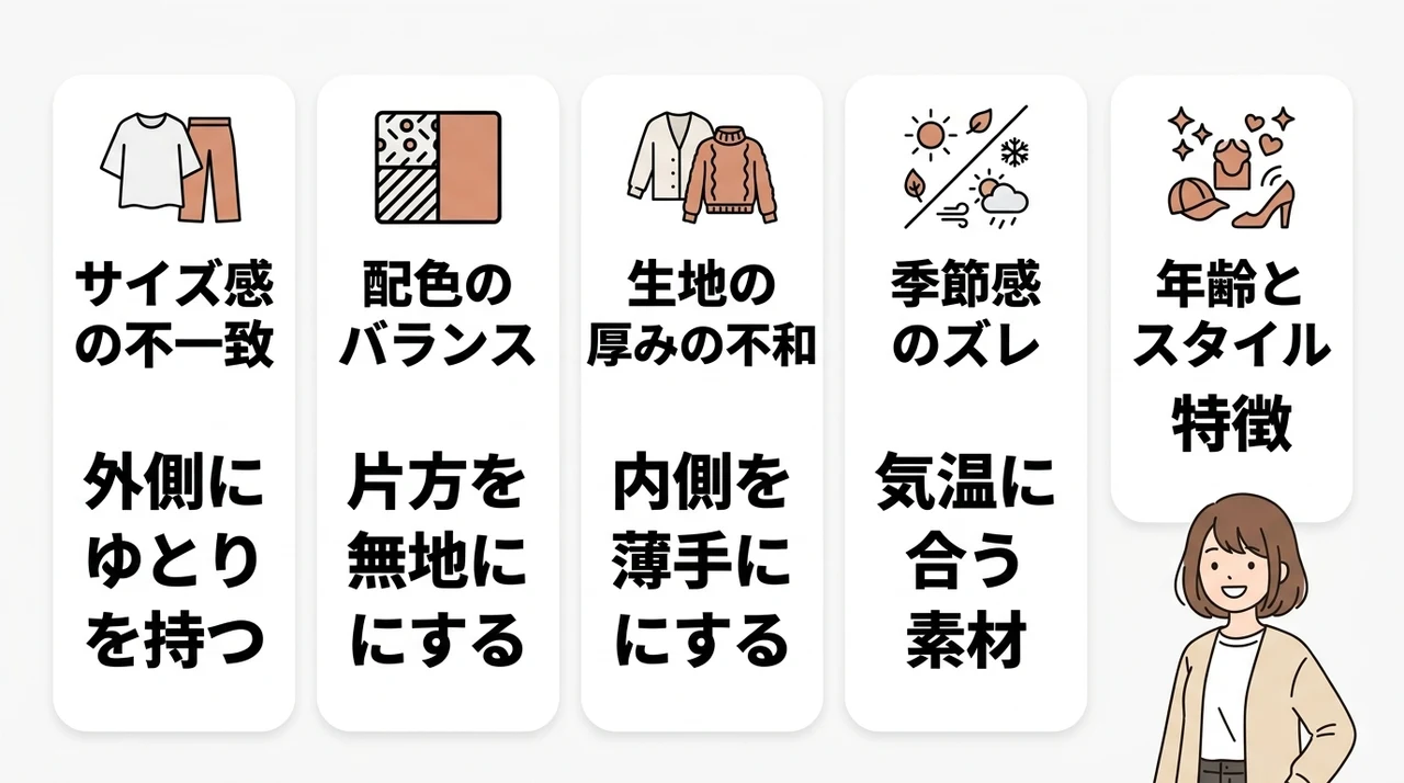 tシャツとロンtの重ね着がダサい理由と対策の要点をまとめた図解（サイズ感の不一致・配色のバランスミス・生地の厚みの不和）
