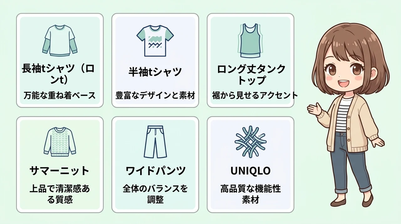 おすすめの重ね着関連アイテム6選の要点をまとめた図解（長袖tシャツ（ロンt）・半袖tシャツ・ロング丈タンクトップ）