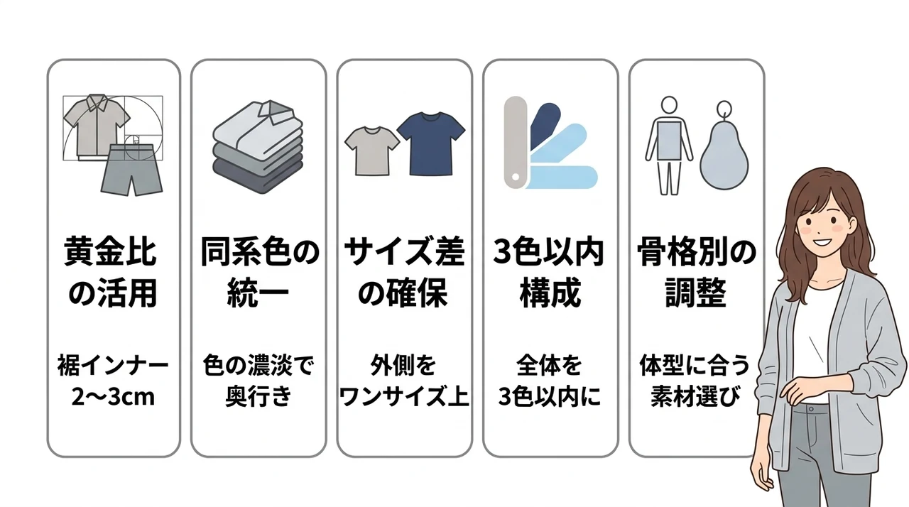 重ね着を垢抜けさせる5つの着こなし術の要点をまとめた図解（黄金比の活用・同系色の統一・サイズ差の確保）