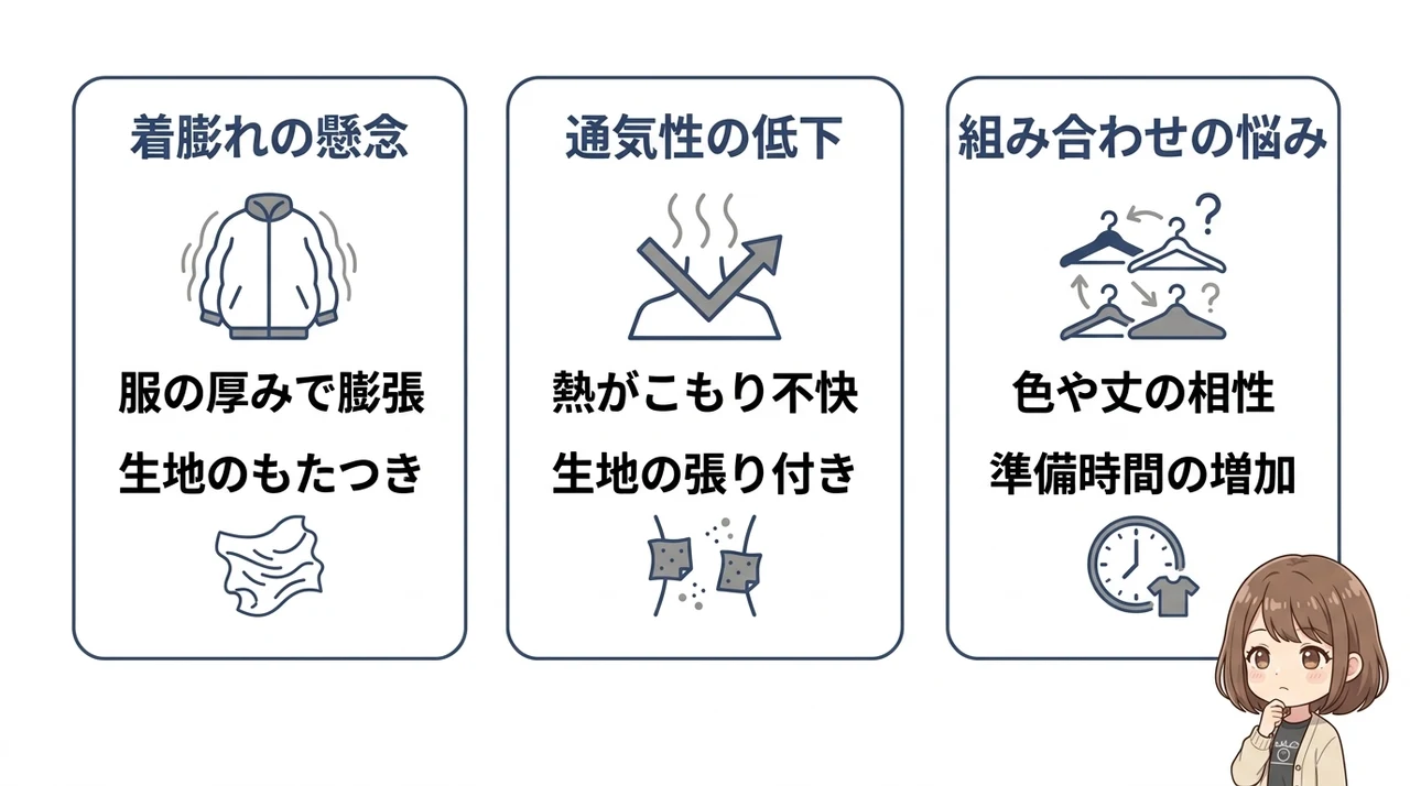 重ね着コーデにおけるデメリット3つの要点をまとめた図解（着膨れの懸念・通気性の低下・組み合わせの悩み）