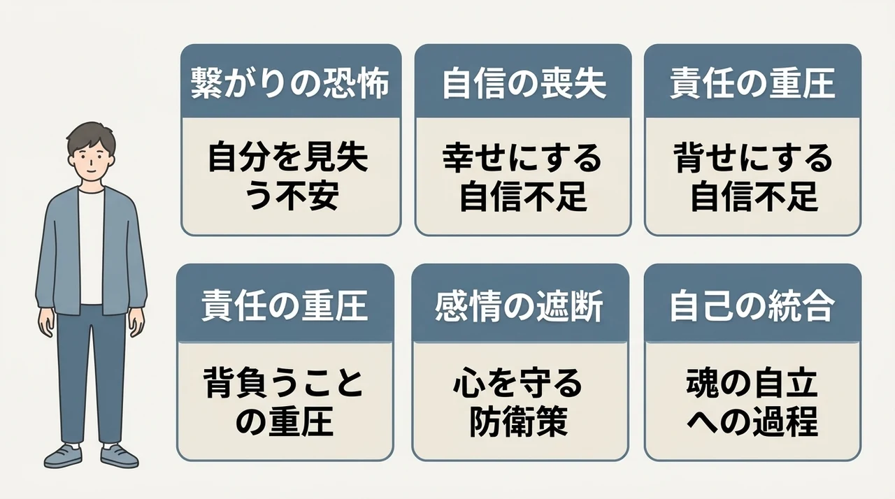 男性がサイレント期間に沈黙を選ぶ5つの本音の要点をまとめた図解（繋がりの恐怖・自信の喪失・責任の重圧）