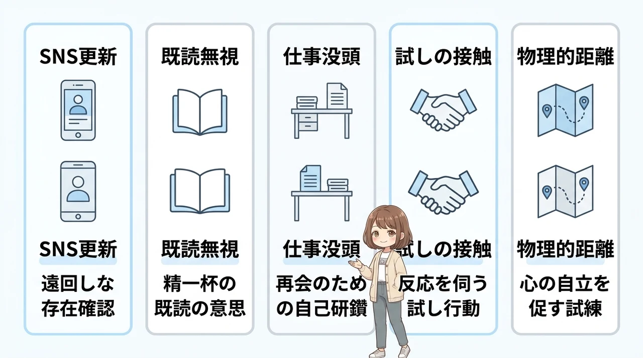サイレント期間中の男性が見せる行動の意味の要点をまとめた図解（SNS更新・既読無視・仕事没頭）