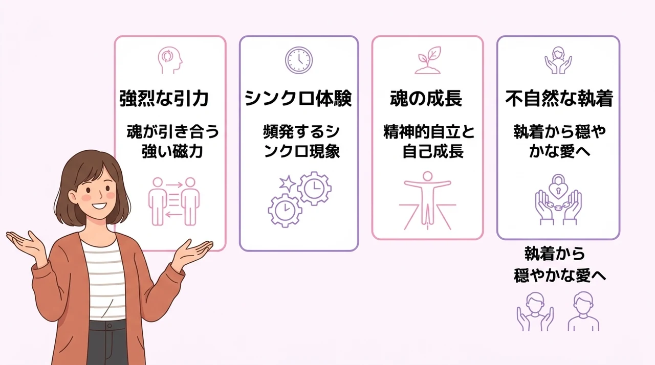 ツインレイか単なる失恋かを見極める4つの項目の要点をまとめた図解（強烈な引力・シンクロ体験・魂の成長）