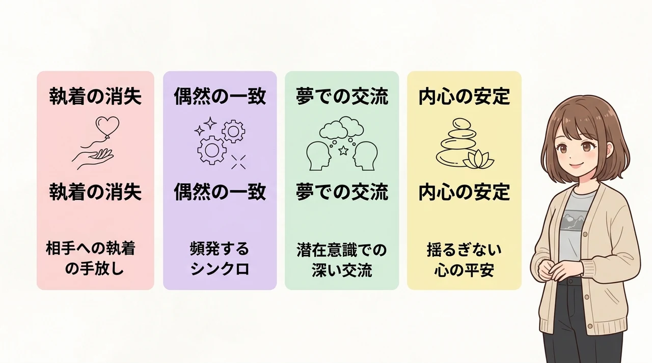 サイレント期間が終了する前兆サイン4つの要点をまとめた図解（執着の消失・偶然の一致・夢での交流）
