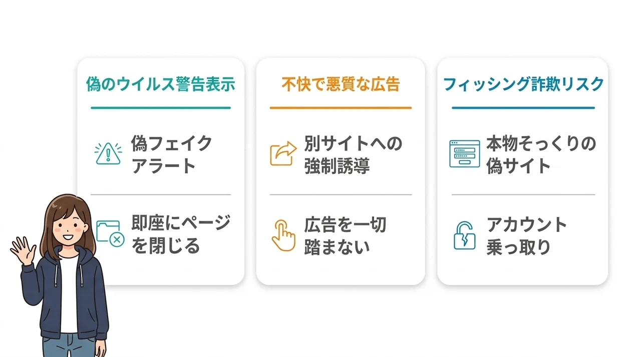 知恵袋で注意喚起される安全性とウイルスのデメリット3つの要点をまとめた図解（偽のウイルス警告表示・不快で悪質な広告・フィッシング詐欺リスク）
