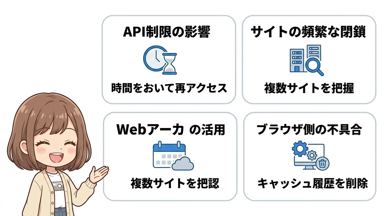 保存ランキングが消えた理由と見れない時の対処法の要点をまとめた図解（API制限の影響・サイトの頻繁な閉鎖・Webアーカイブの活用）