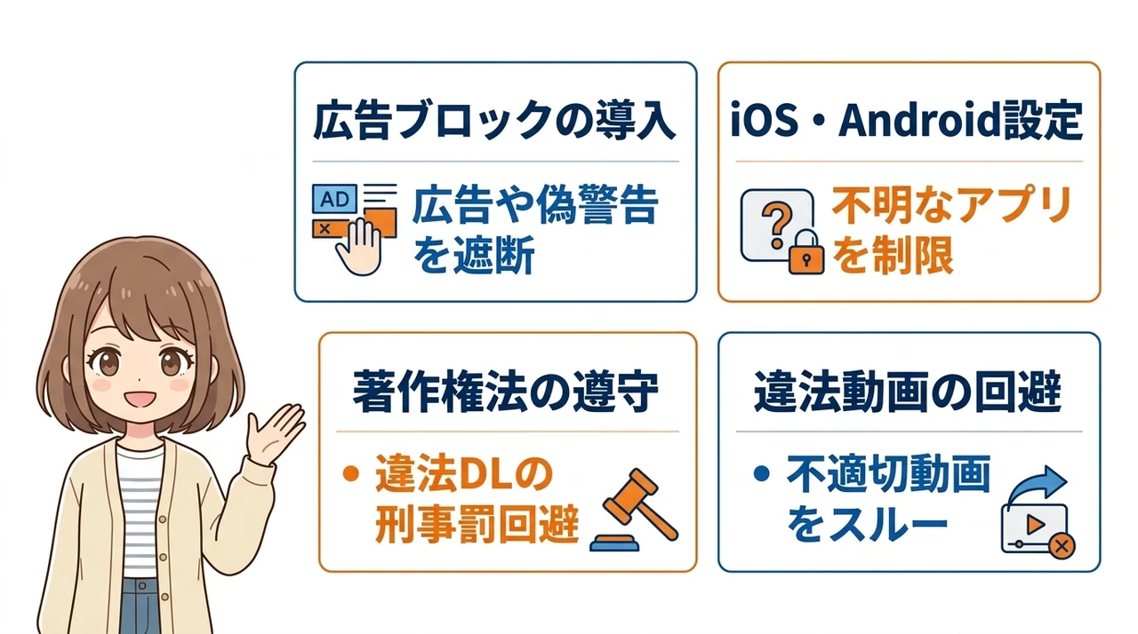 動画を安全に保存するためのブラウザ設定とルールの要点をまとめた図解（広告ブロックの導入・iOS・Androidの設定・著作権法の遵守）
